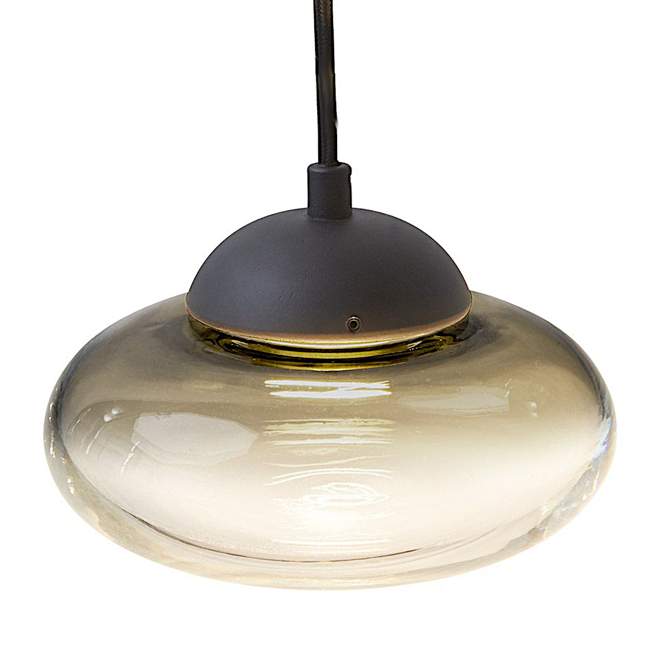 Reihe aus fünf Glasschirm-Hängeleuchten VITROLO (LED) auf Leiste: Glasschirm in rundlicher Tropfen-Form, Rauchglas anthrazit