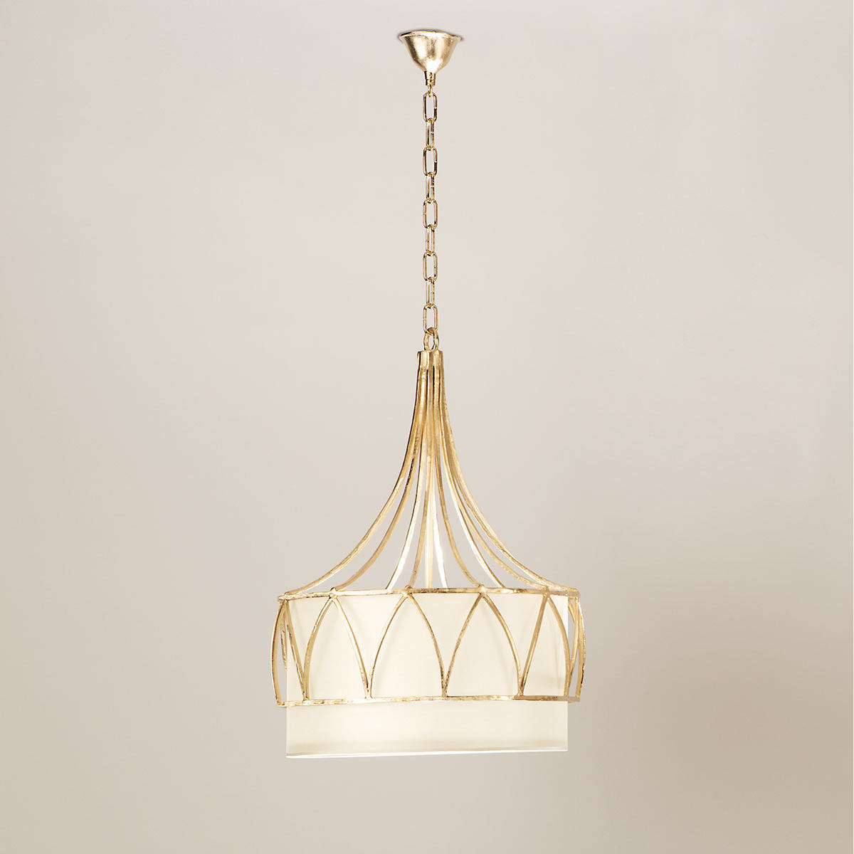 Bild 6: Bronze vergoldet Bronzeguss-Hängeleuchte mit Textilschirm TIARE GRANDE, Ø 43 cm: Bronze vergoldet