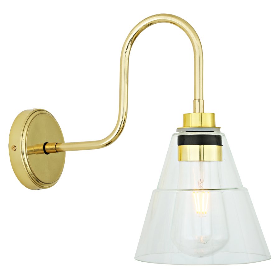 Swan neck wall lamp with graduated stepped glass shade, IP65