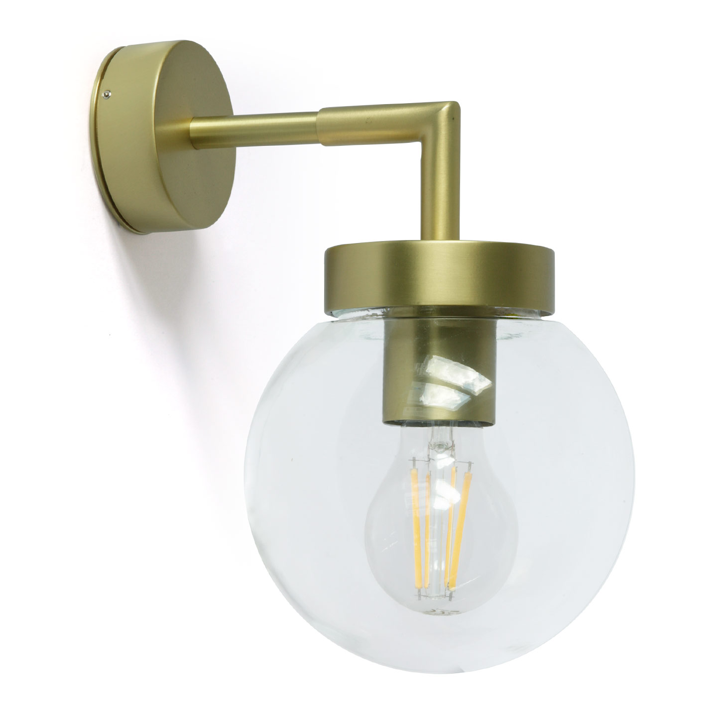 Badezimmer-Wandlampe mit Glaskugel, Ø 15 cm: Wandlampe mit klarer Glaskugel, hier in Messing satiniert