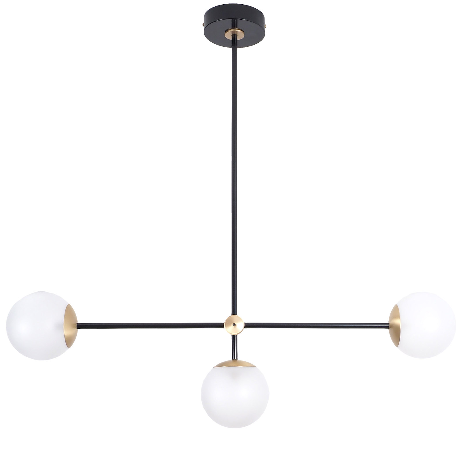 Eleganter Design-Hängeleuchter mit drei Glaskugeln an Messing-Gestänge Eleganter Design-Hängeleuchter mit drei Glaskugeln an Messing-Gestänge