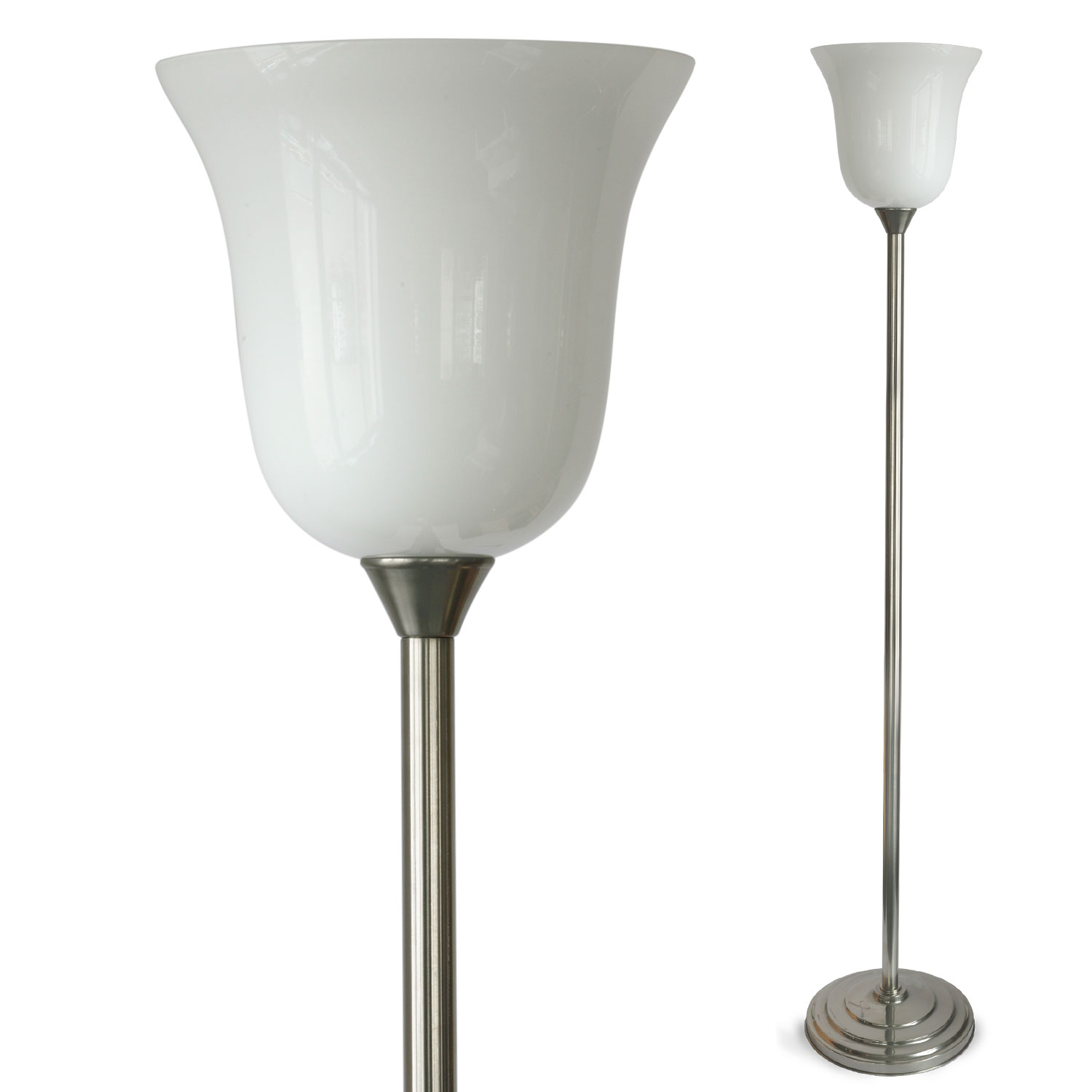 Hohe Art déco-Deckenfluter-Stehleuchte mit Opalglas-Schirm 185 cm