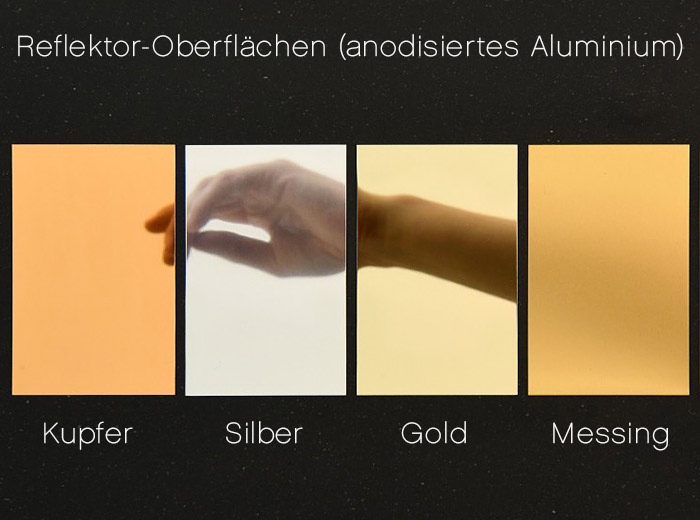 Bild 2: Der Reflektor aus anodisiertem Aluminium ist in diesen Oberflächen sowie in petrolblau erhältlich Tragbare Glasröhren-Leuchte BALKE mit IP68: Der Reflektor aus anodisiertem Aluminium ist in diesen Oberflächen sowie in petrolblau erhältlich