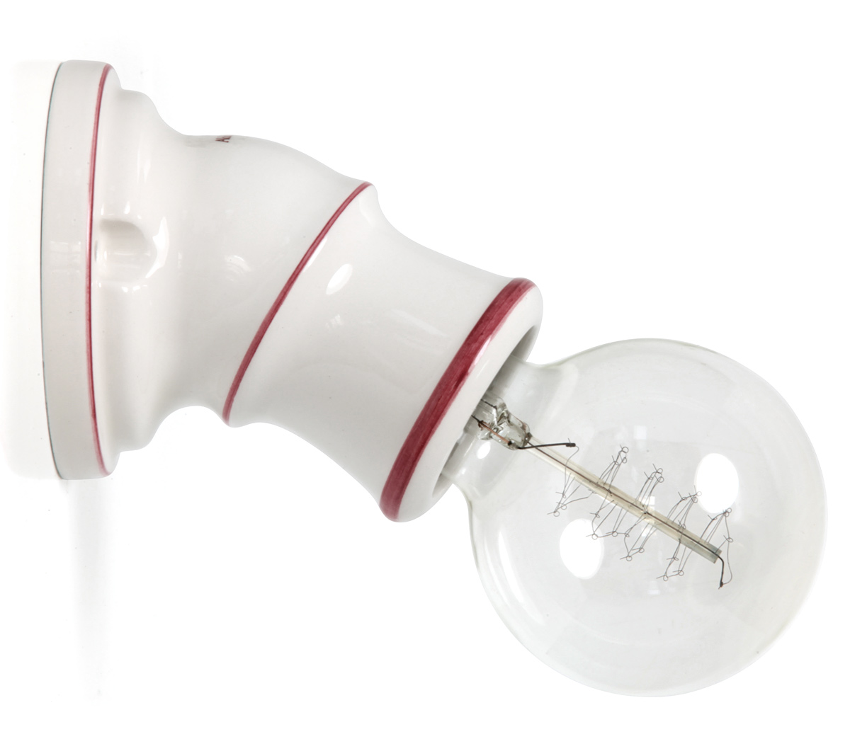 Kleine Porzellan-Wandlampe aus Italien: Die einfache Porzellan-Wandleuchte, hier mit „Globe“-Glühfadebirne, Ausführung mit roter Linie