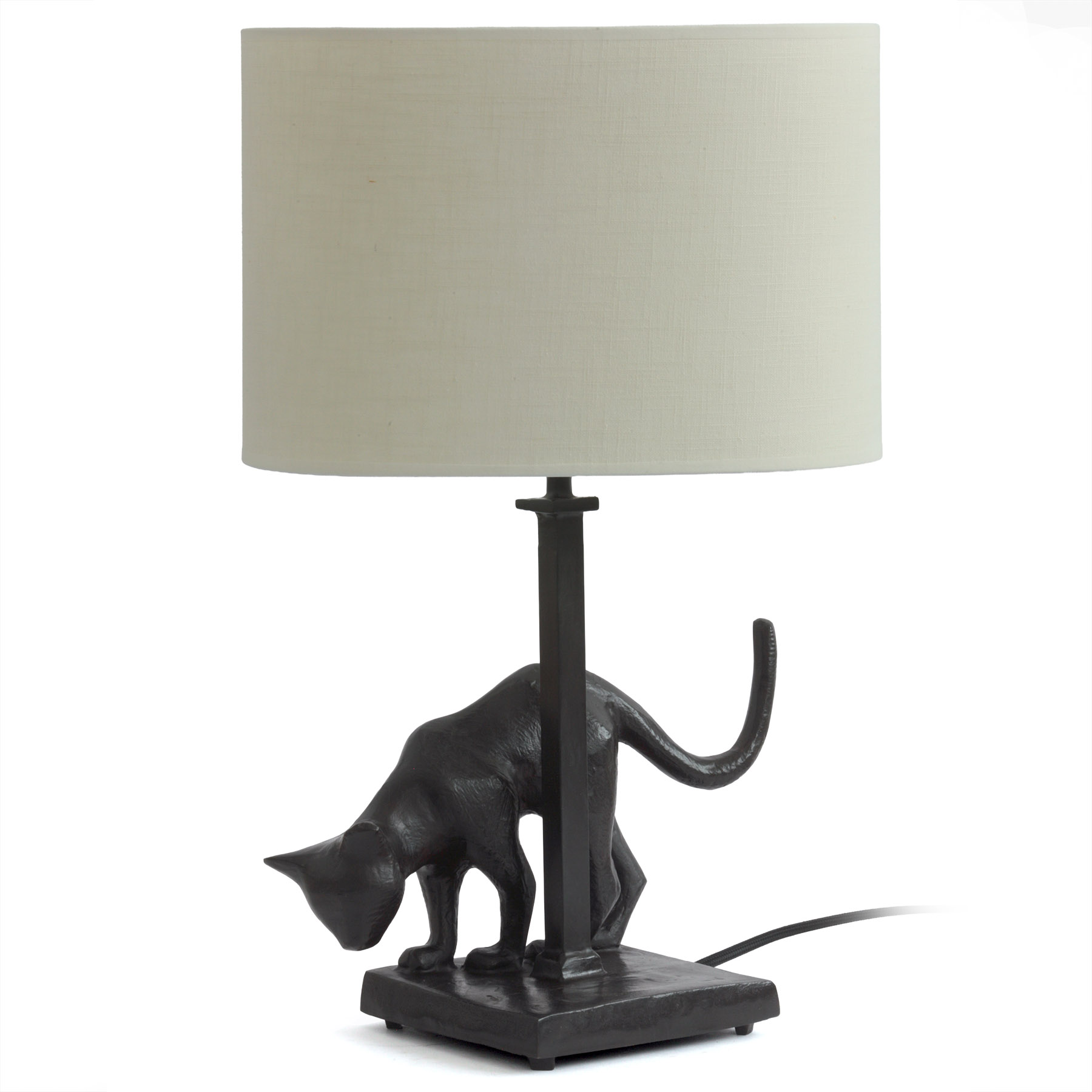 Bronzeguss-Leuchte LILI mit Katzenskulptur und Stoffschirm: Bronze brüniert, Textilschirm-Ausführung Écrue