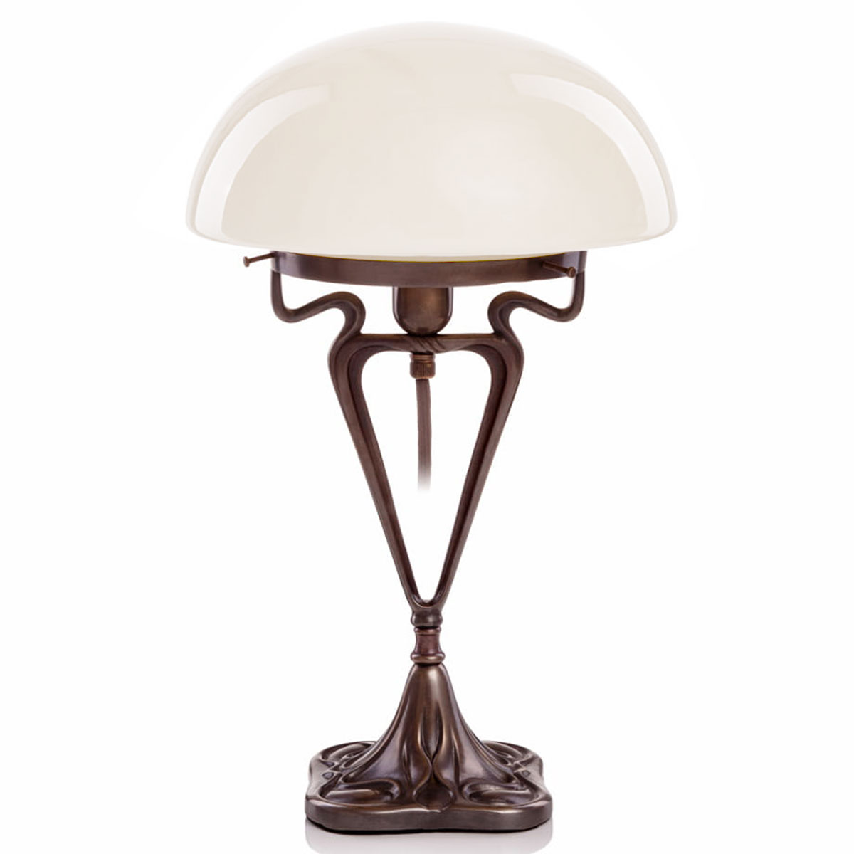 Jugendstil-Tischleuchte „Pilz“ mit verziertem Messingguss-Gestell: mit weiß glänzendem Opalglas