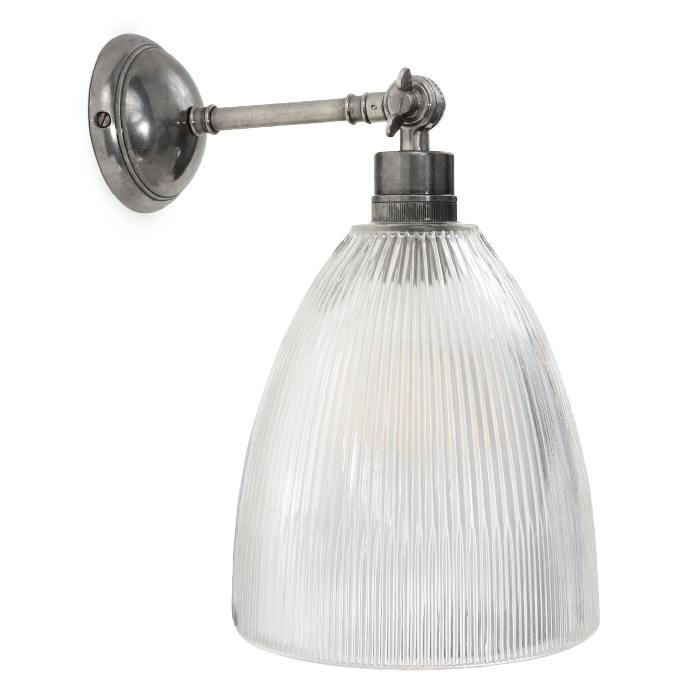 Bild 3: Messing alt-silbern patiniert Wandleuchte mit Gelenk und großem, prismatischem Glas: Messing alt-silbern patiniert