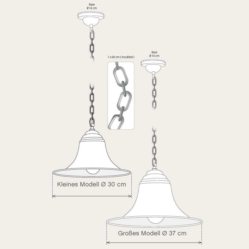 Glockenförmige Pendelleuchte aus Messing, mit Kette: Großes und kleines Modell im Vergleich