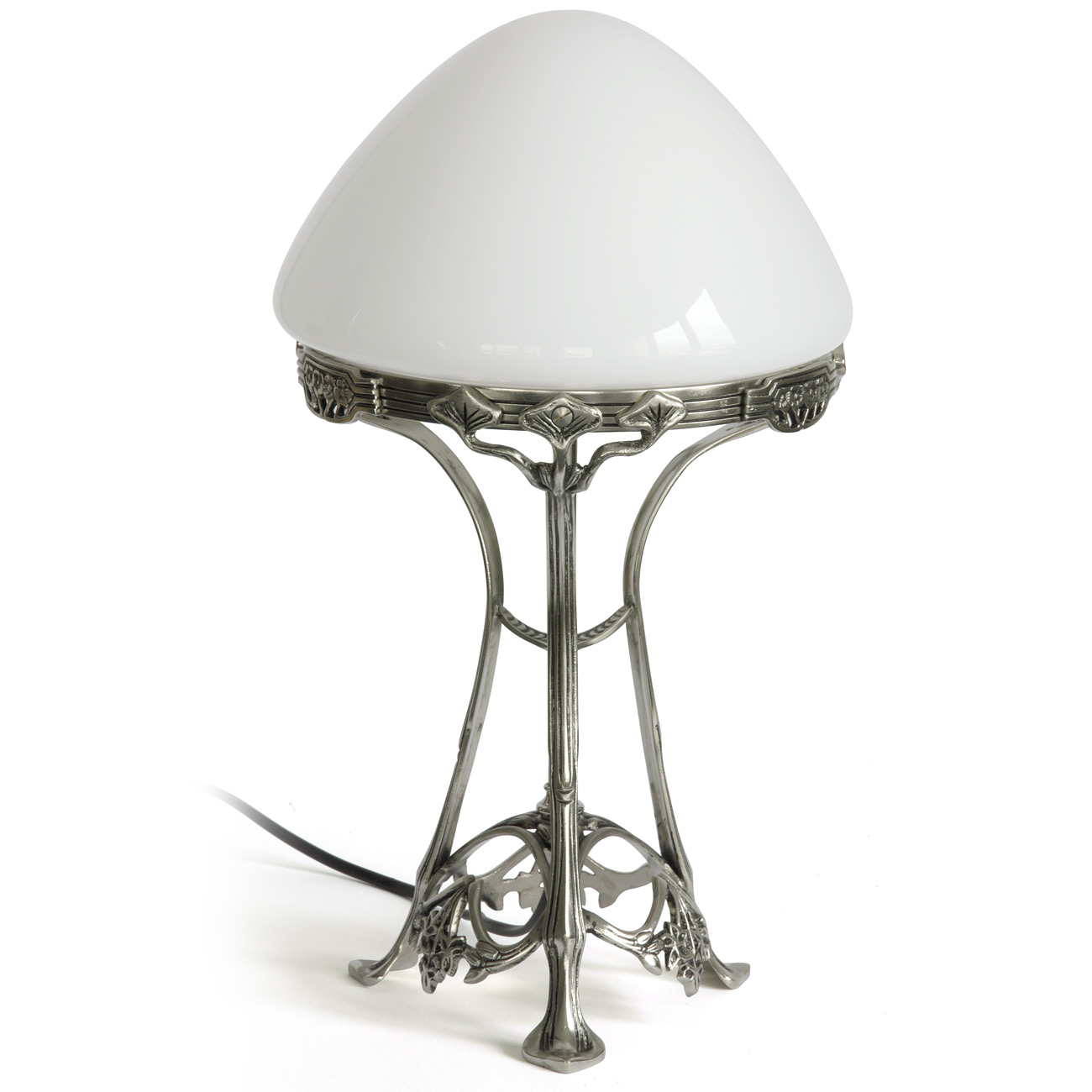 Art nouveau-Pilz-Tischleuchte mit Opalglas-Schirm: Die Art nouveau (Jugendstil)-Tischleuchte mit Pilz-Glasschirm (hier Messing glänzend vernickelt)