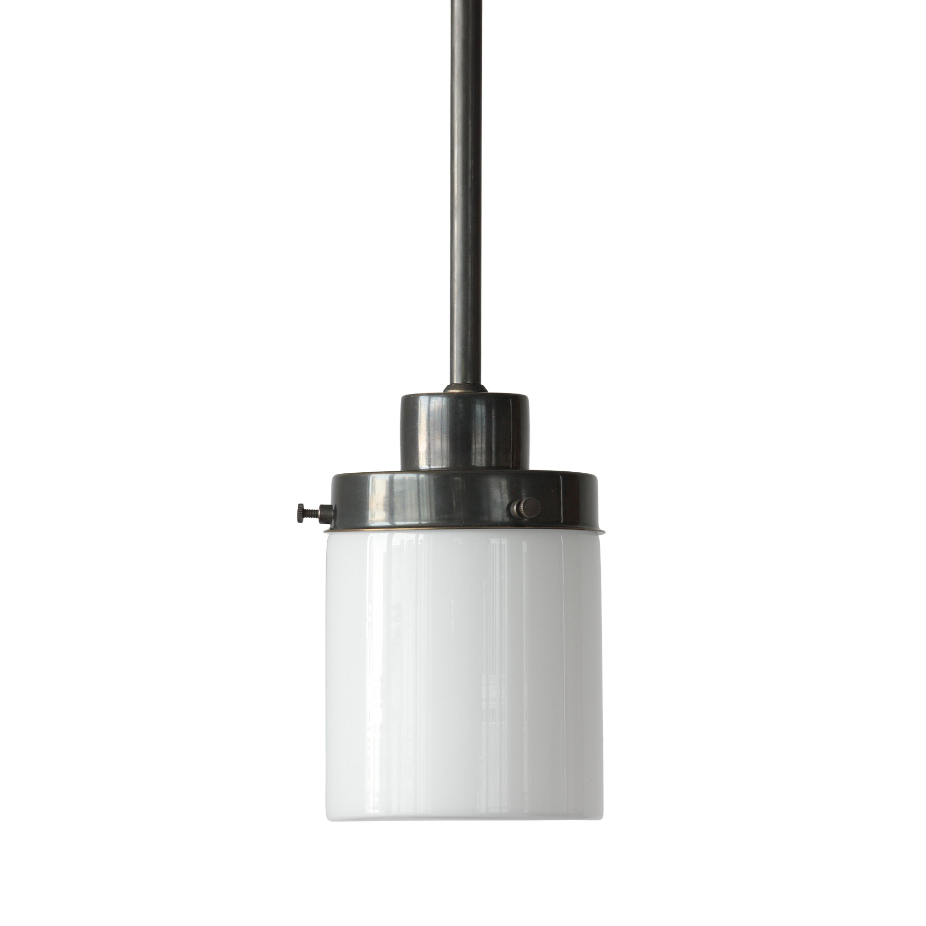 Schlichte Hängeleuchte mit weißem Zylinder-Glasschirm