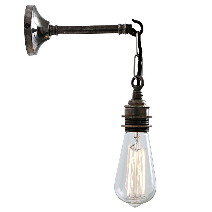 Bild 1: Messing-Wandleuchte mit Kette und Textilkabel, hier in Alt-silbern mit Glühfaden-Edisonbirne Messing-Wandleuchte mit Kette und Textilkabel: Messing-Wandleuchte mit Kette und Textilkabel, hier in Alt-silbern mit Glühfaden-Edisonbirne