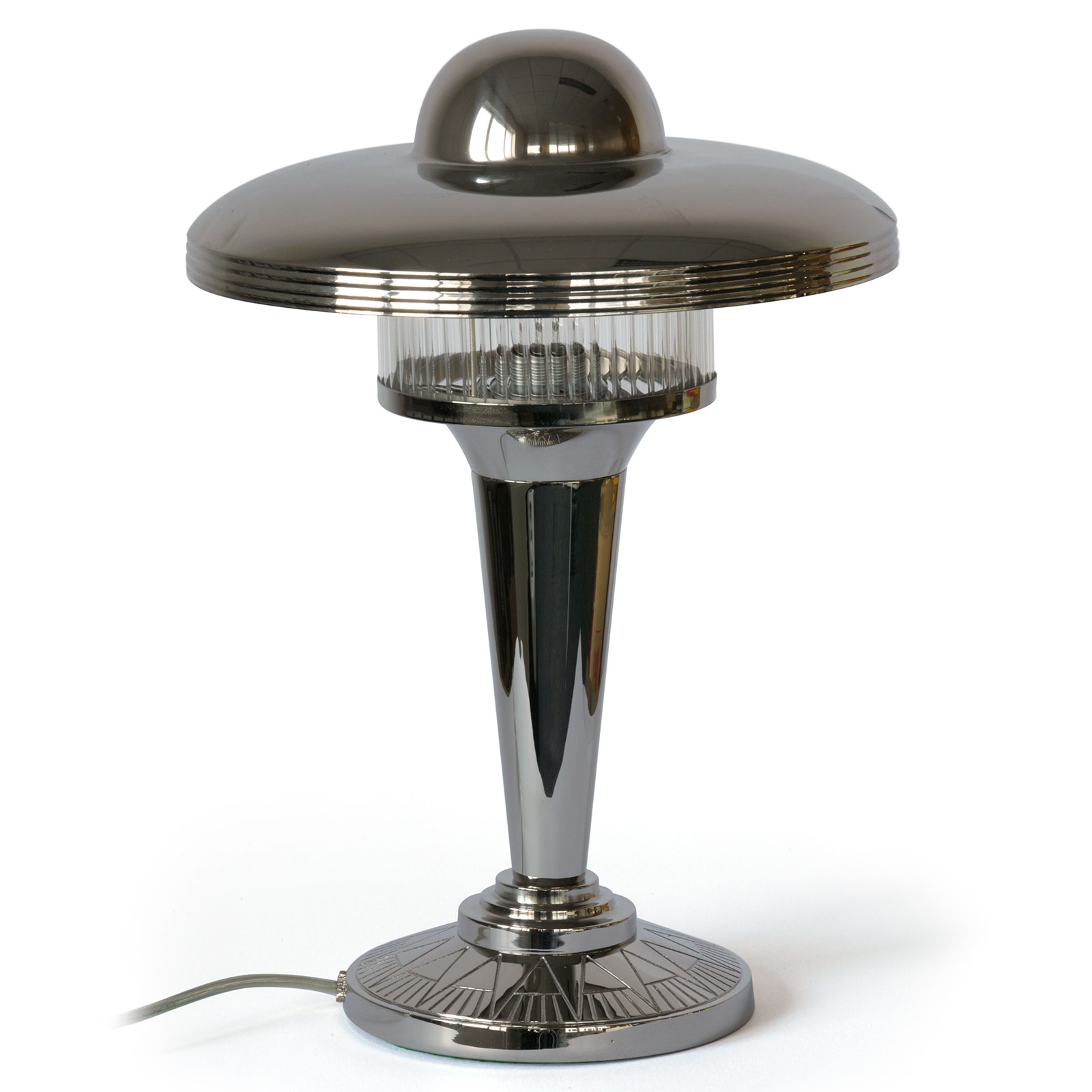 Art déco-Tischlampe mit Messinghaube und Kristallglas: Art déco-Tischlampe mit Haube und Kristallglas-Diffusor (Messing hochglanz vernickelt)