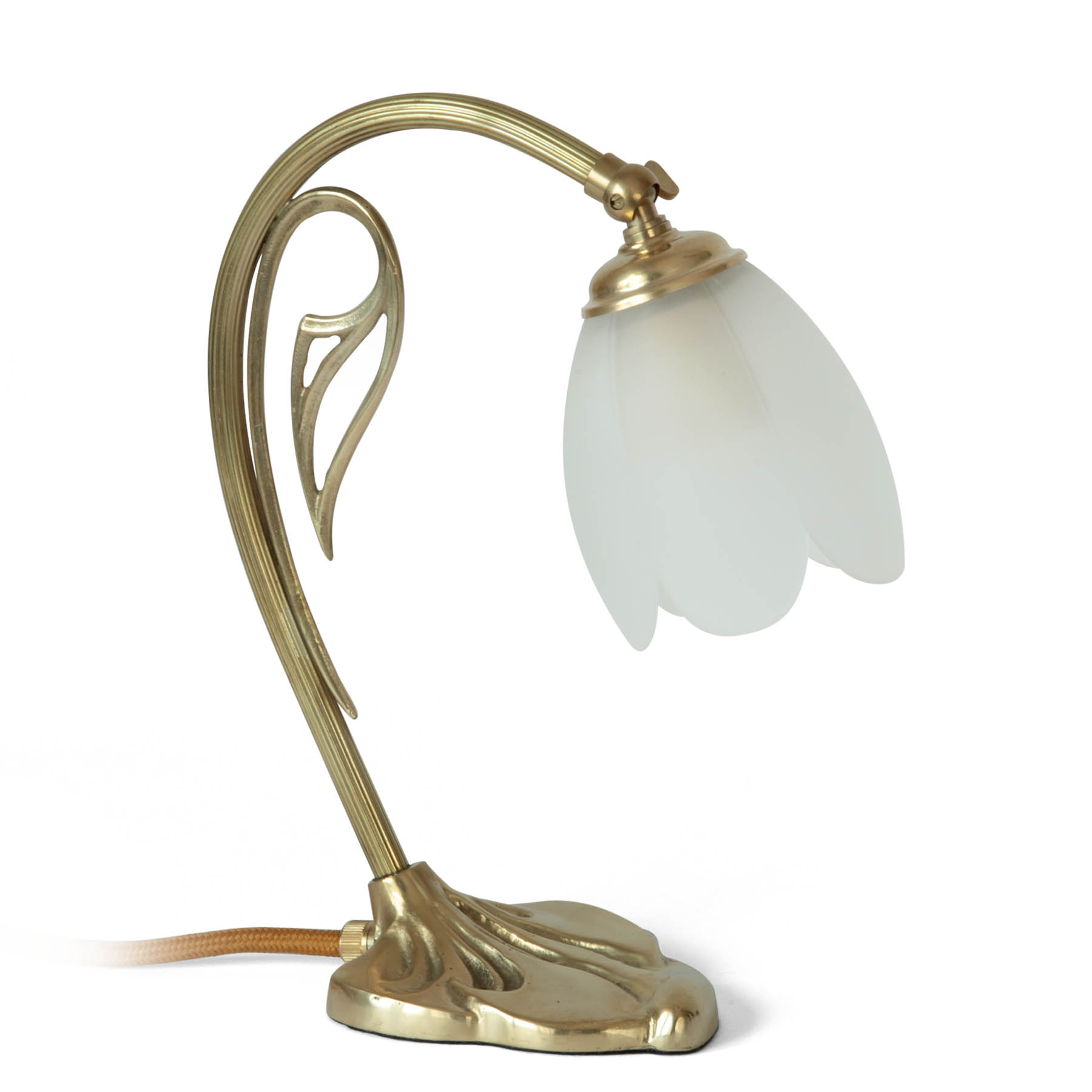 Kleine Jugendstil-Tischleuchte mit Blüten-Glasschirmchen Kleine Jugendstil-Tischleuchte mit Blüten-Glasschirmchen