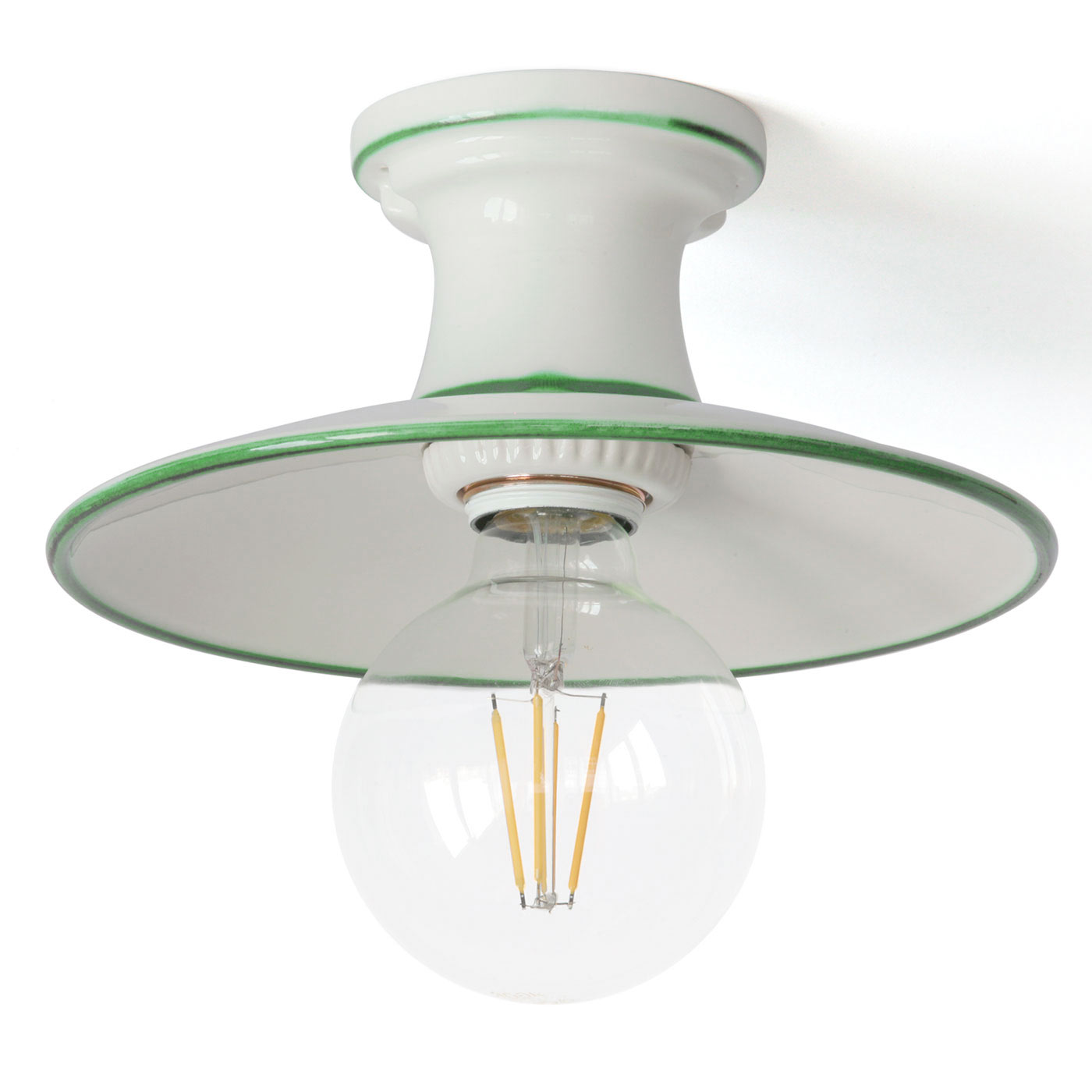Bild 1: Authentischer Landhaus-Charme: Keramik-Deckenleuchte aus Italien (kleines Modell mit handgemalter grüner Dekorlinie und „Globe“-Birne) Keramik-Deckenleuchte aus Italien BILANCIA: Authentischer Landhaus-Charme: Keramik-Deckenleuchte aus Italien (kleines Modell mit handgemalter grüner Dekorlinie und „Globe“-Birne)
