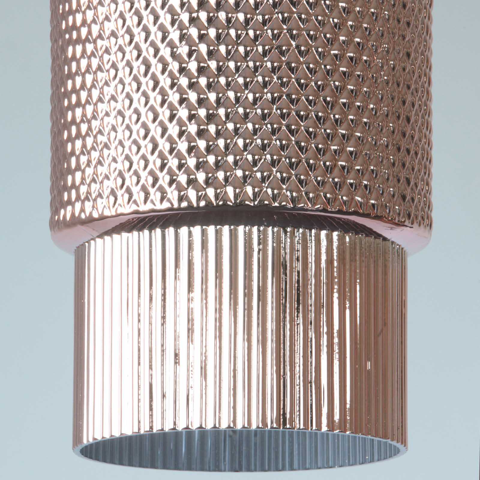 Kunstvolle Zylinder-Hängeleuchte BABEL aus farbigem Struktur-Glas: Roségold