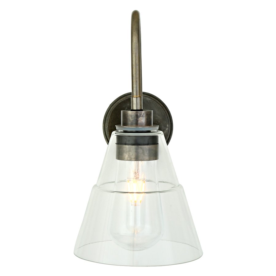 Schwanenhals-Wandlampe mit abgestuftem Glasschirm, IP65: Schwanenhals-Wandlampe mit abgestuftem Glasschirm, IP65; Messing alt-silbern patiniert