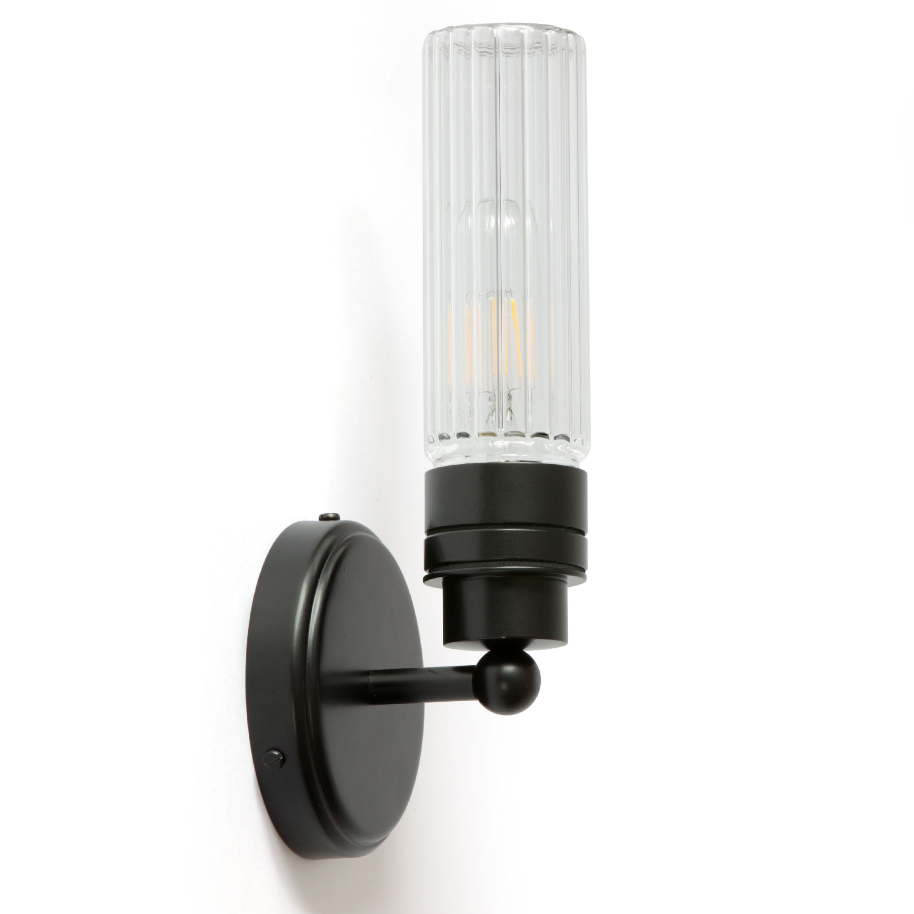 Badezimmer-Wandlampe mit klarem oder prismatischem Glaszylinder, IP65: Badezimmer-Wandlampe kleinem Glas-Zylinder, hier in matt-schwarz, prismatisches Glas