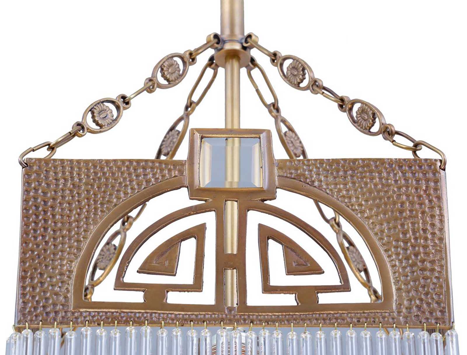 Kleine Art Nouveau-Hängeleuchte mit Kristall-Stäben: Ornamente und ein Kristallglas-Einsatz
