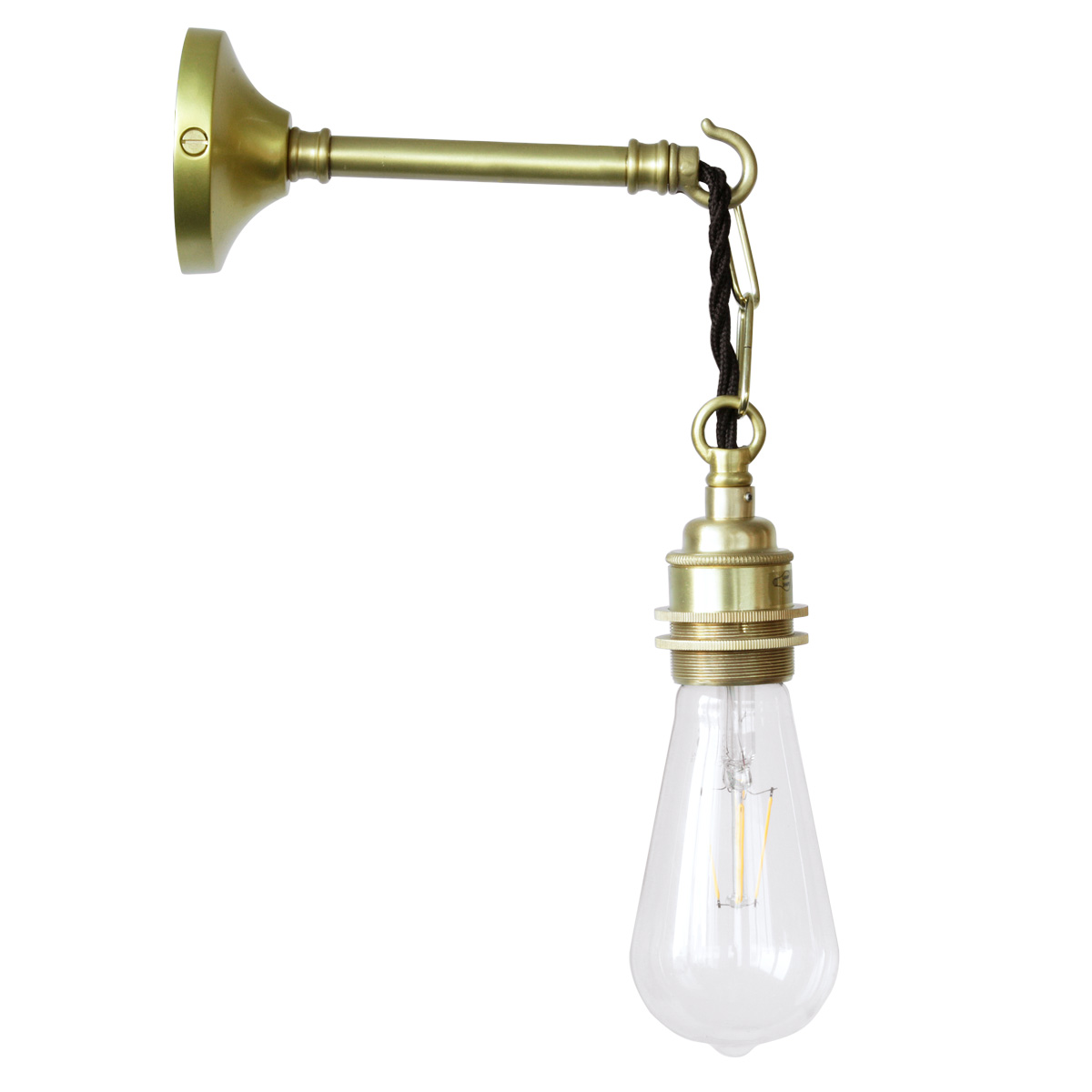 Bild 6: Messing-Wandleuchte mit Kette und Textilkabel, in Messing satiniert mit Glühfaden-Edisonbirne Messing-Wandleuchte mit Kette und Textilkabel: Messing-Wandleuchte mit Kette und Textilkabel, in Messing satiniert mit Glühfaden-Edisonbirne