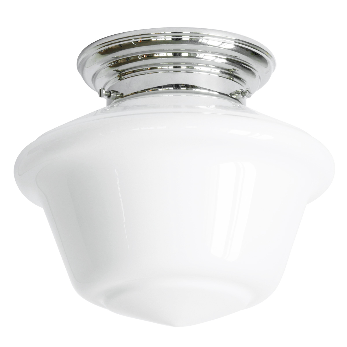 Messing-Deckenlampe mit weißem Art déco-Glas Ø 22 cm: Deckenleuchte, abgebildet mit glanzvernickeltem Deckenteil