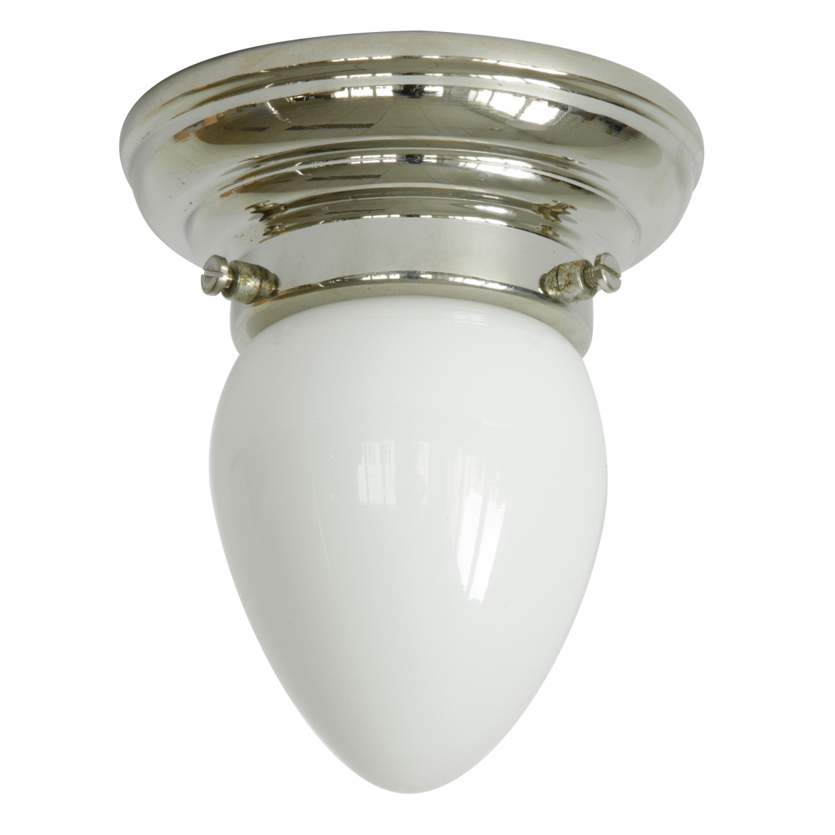 Sehr kleine Deckenlampe mit weißem Spitzglas Ø 10,5 cm: Deckenleuchte, abgebildet mit glanzvernickeltem Deckenteil