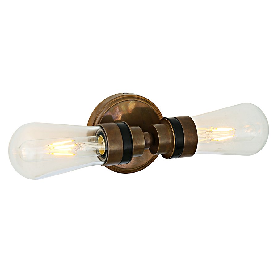 Doppel-Badezimmer-Lampe mit IP65-Glaskolben, Wand oder Decke: Doppel-Wandlampe mit Glaskolben, Messing antik patiniert (Foto mit „altem“ Wandteil noch mit 12 cm)