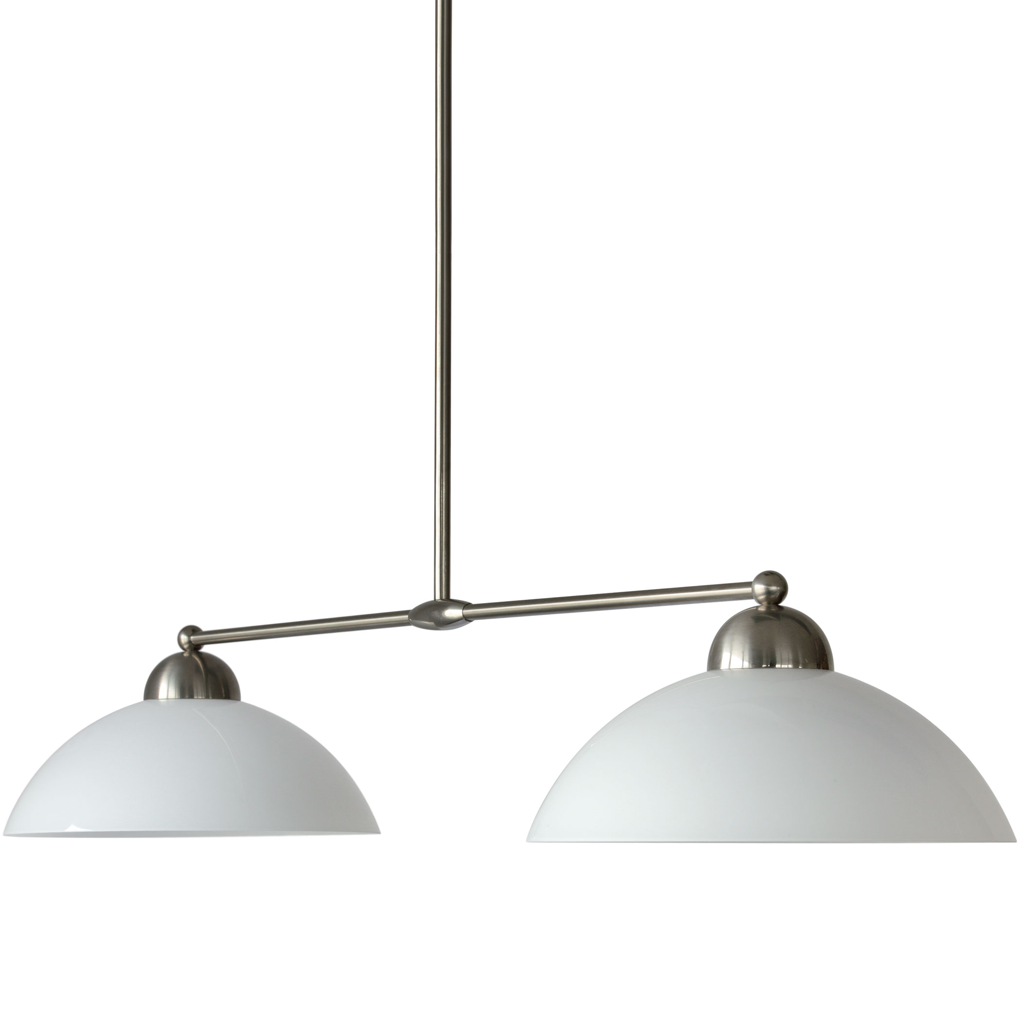 Double Pendant Light with Two Opal Glass Bowl Shades on a Crossbar