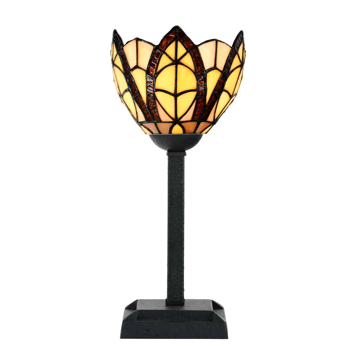Kleine Tiffany-Tischleuchte mit braun-gelbem Blütenschirm Kleine Tiffany-Tischleuchte mit braun-gelbem Blütenschirm