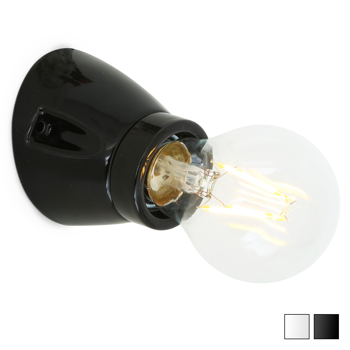 Bild 1: Fassungs-Wandleuchte, Sockel hier aus schwarz glasierter Keramik (mit E27-LED-Birne bestückt) Schräge Fassungs-Wandleuchte aus Porzellan schwarz oder weiß: Fassungs-Wandleuchte, Sockel hier aus schwarz glasierter Keramik (mit E27-LED-Birne bestückt)