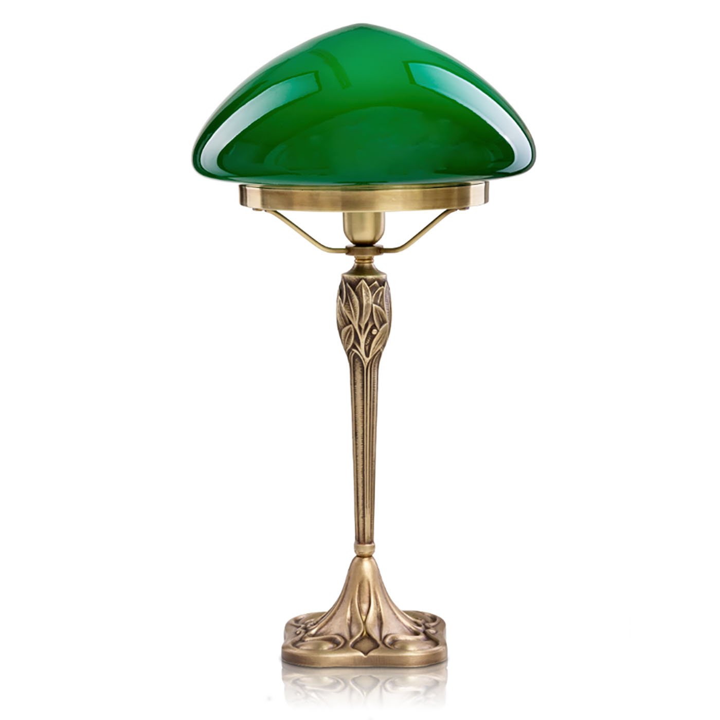 Authentische Pilz-Tischleuchte mit Jugendstil-Ornamenten, Glas in grün oder weiß: Hier mit grünem Glasschirm, antik handpatiniert