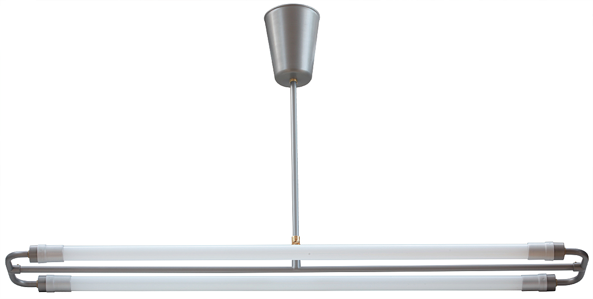 Bild 9: Das Modell mit 1430 mm Länge und 750 mm Abhängung in Stahlblech natur mit mattem Klarlack MANNHEIM II Zweiflammige Neonröhren-Hängeleuchte: Das Modell mit 1430 mm Länge und 750 mm Abhängung in Stahlblech natur mit mattem Klarlack