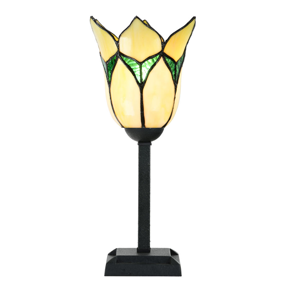 Kleine aufrechte Tiffany-Tischleuchte mit gelbem Blütenschirm Kleine aufrechte Tiffany-Tischleuchte mit gelbem Blütenschirm