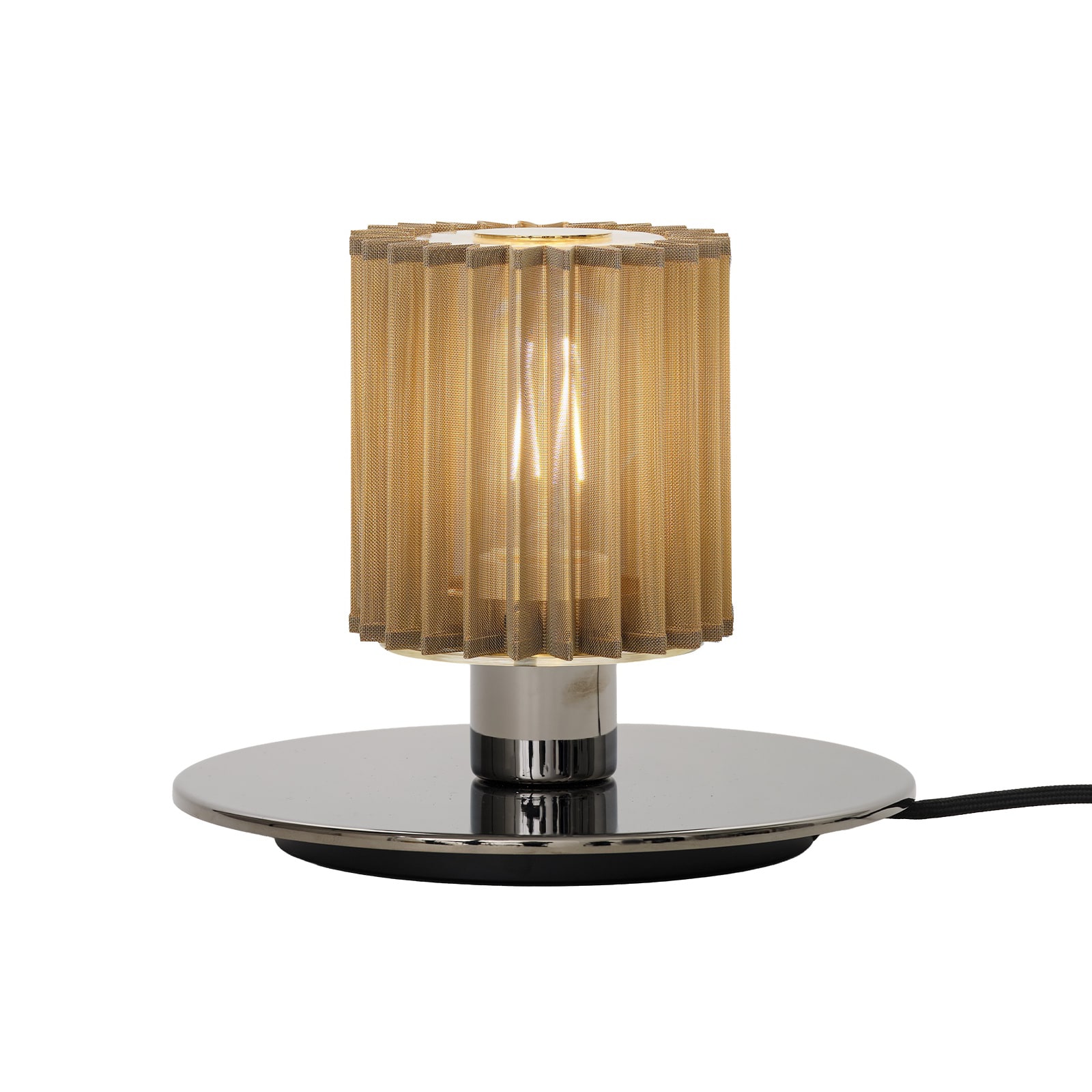 Decorative Design Table Lamp with Mesh Diffuser IN THE SUN 220: Silberner Sockel/Reflektor und goldene Gewebeabschirmung
