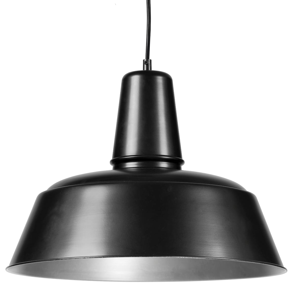 BERLIN Pendant light matt black with golden or silver reflector: Industriedesign-Hängeleuchte Berlin 400 mm, innen Stahlblech natur mit Klarlack matt ("silbern"), Kabelaufhängung an schwarzem PVC-Kabel