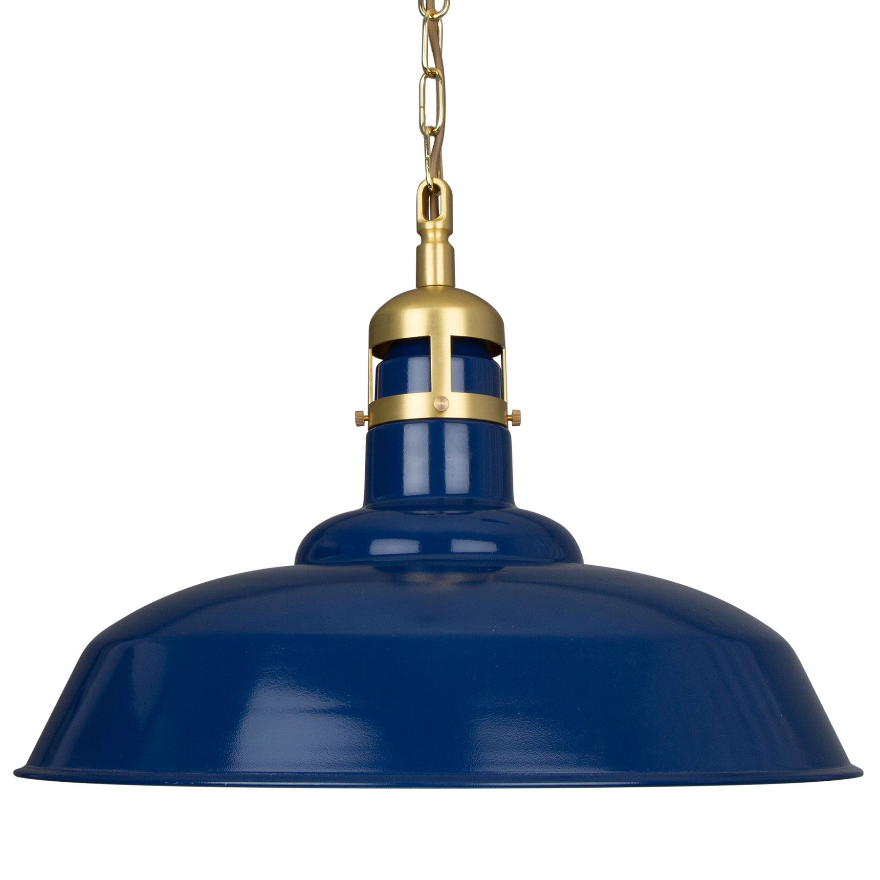Große Industriestil-Pendelleuchte, blau mit Messing-Details, Ø 50 cm Große Industriestil-Pendelleuchte, blau mit Messing-Details, Ø 50 cm