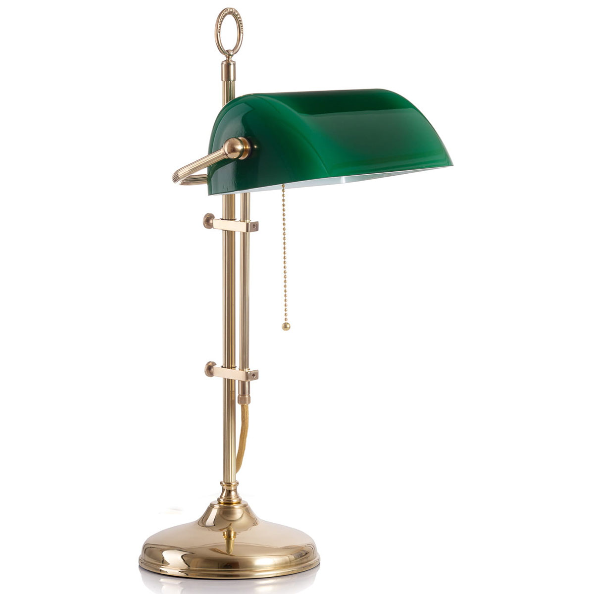 Klassische Schreibtischlampe: Bankerlampe mit rundem Sockel: Messing poliert, mit kanneliertem Gestänge, grüner Glas-Schirm