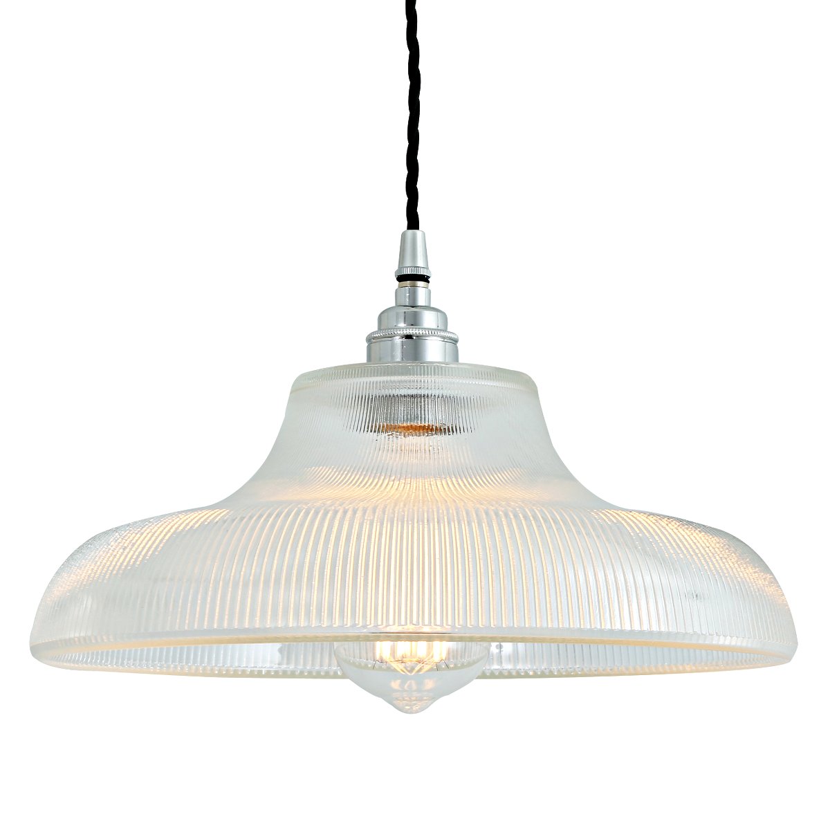 Bild 6: Eisenbahn-Pendelleuchte mit prismatischem Glasschirm, Chrom poliert, kleines Modell (altes Modell mit anderem Glashalter) Nostalgische „Eisenbahn“-Pendelleuchte mit prismatischem Glasschirm: Eisenbahn-Pendelleuchte mit prismatischem Glasschirm, Chrom poliert, kleines Modell (altes Modell mit anderem Glashalter)