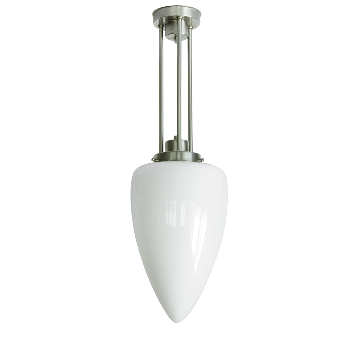 Mehrrohr-Pendelleuchte mit langem weißen Spitzglas: Abgebildet mit mattvernickeltem Rohrpendel, Modell 2