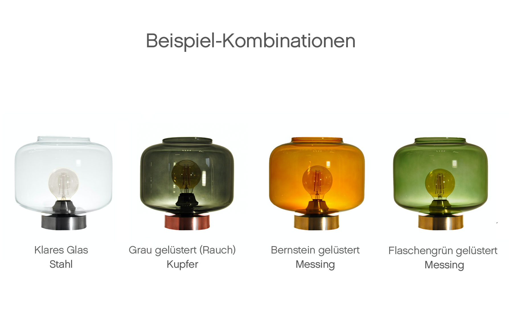 Glas-Tischleuchte mit Schirm in div. Glasfarben DJAVA: Beispielhafte Kombinationen aus Glas-Farben und Metall-Ausführungen