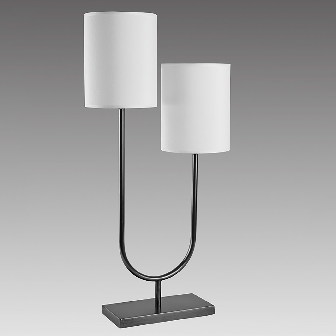 Zweiflammige Design-Tischleuchte mit zwei runden Stoffschirmen L201: Ausführung schwarz patiniert