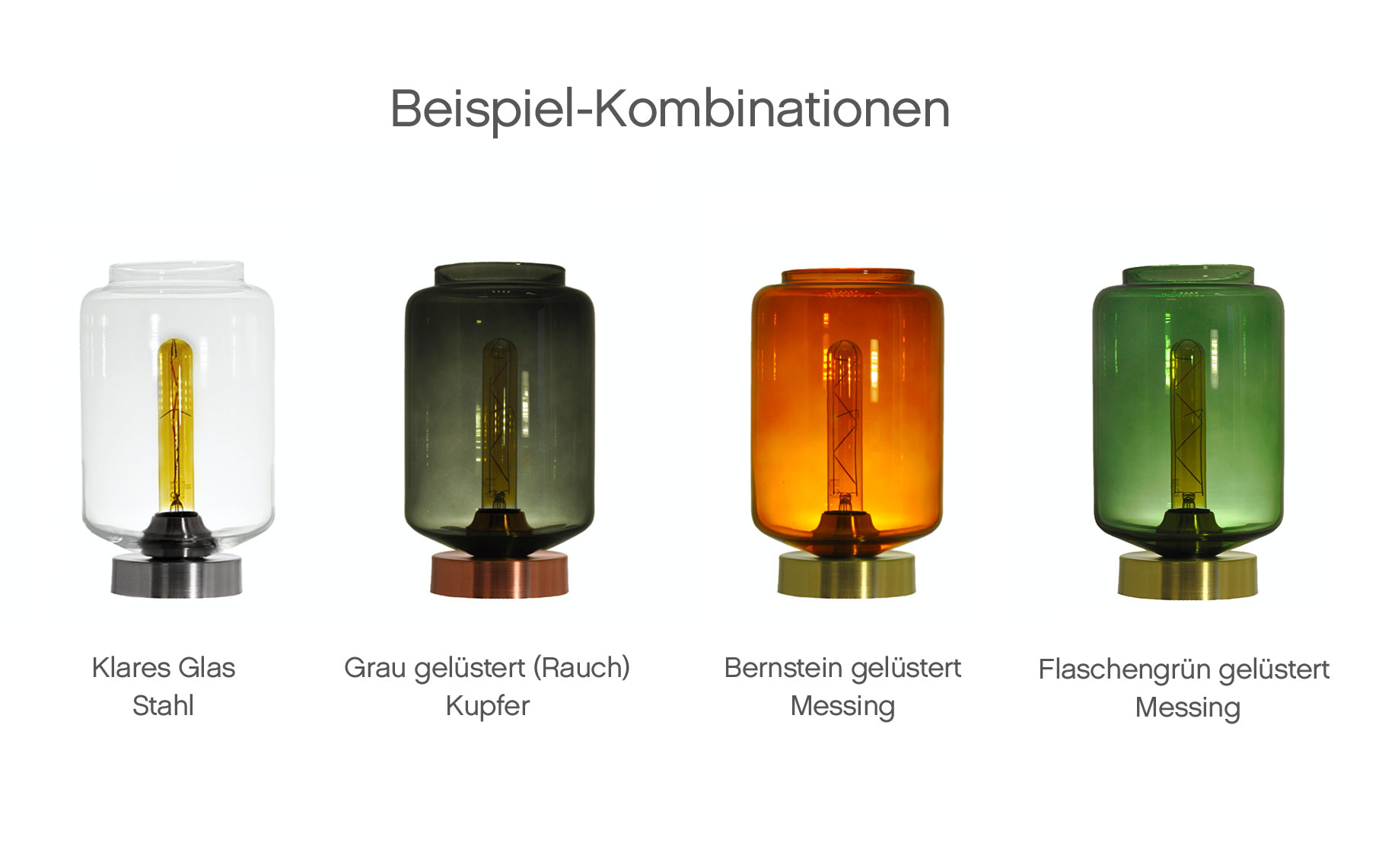 Stimmungsvolle Tischleuchte in farbigen Glas-Zylindern VISAY: Beispielhafte Kombinationen aus Glas-Farben und Metall-Ausführungen