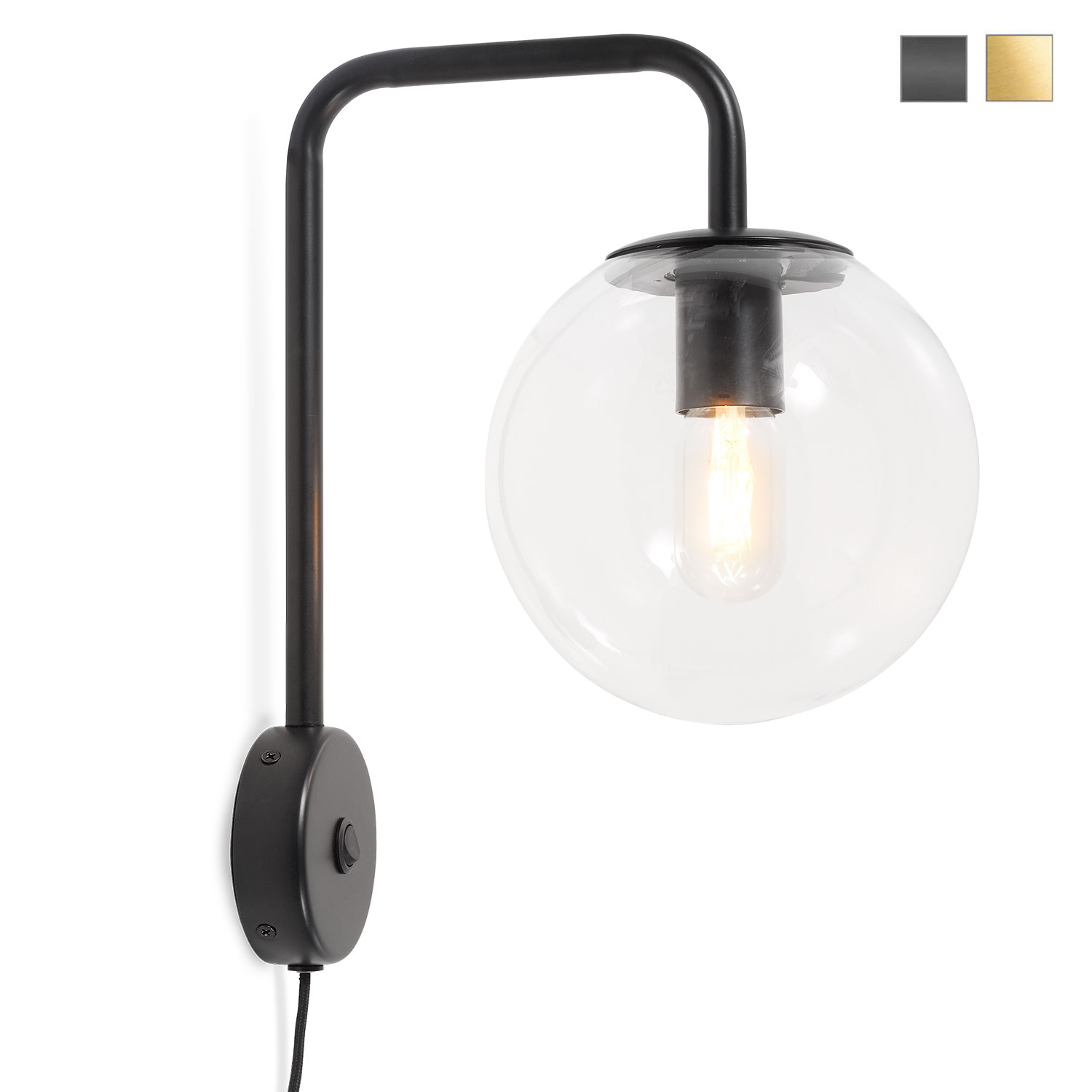 Moderne Glaskugel-Wandlampe mit Kabel, golden oder schwarz: Moderne Wandlampe mit 30 cm-Glaskugel am Bogenarm, schwarze Ausführung