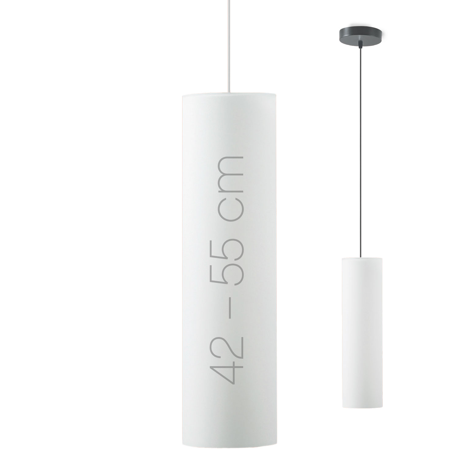 Lange Zylinder-Pendelleuchte KIMO aus Opalglas bis 55 cm Höhe: Längliche Zylinder-Hängeleuchte aus hochwertigem Opalglas, 42 bzw. 55 cm lang
