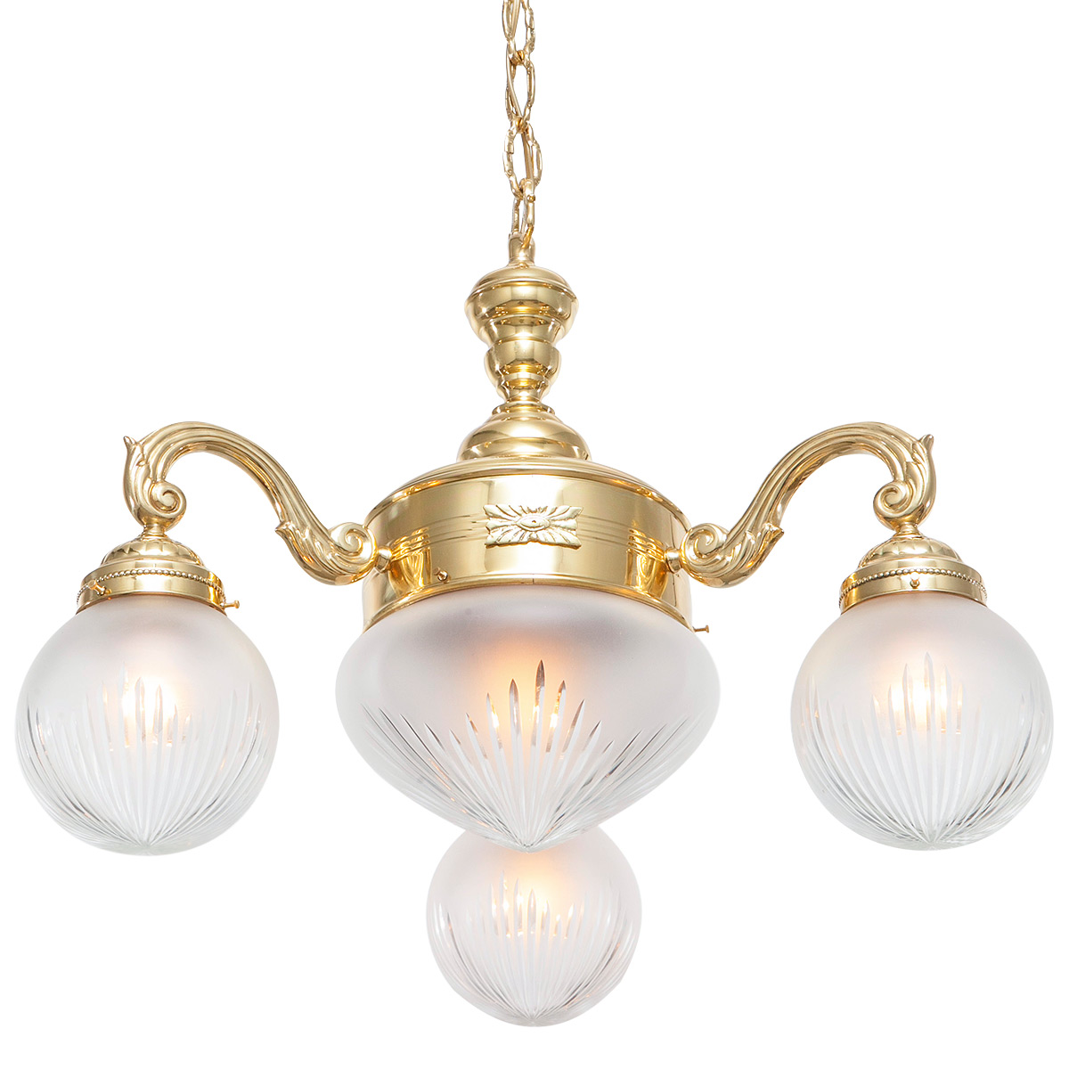 Three-armed chandelier with cut glass spheres for historic rooms