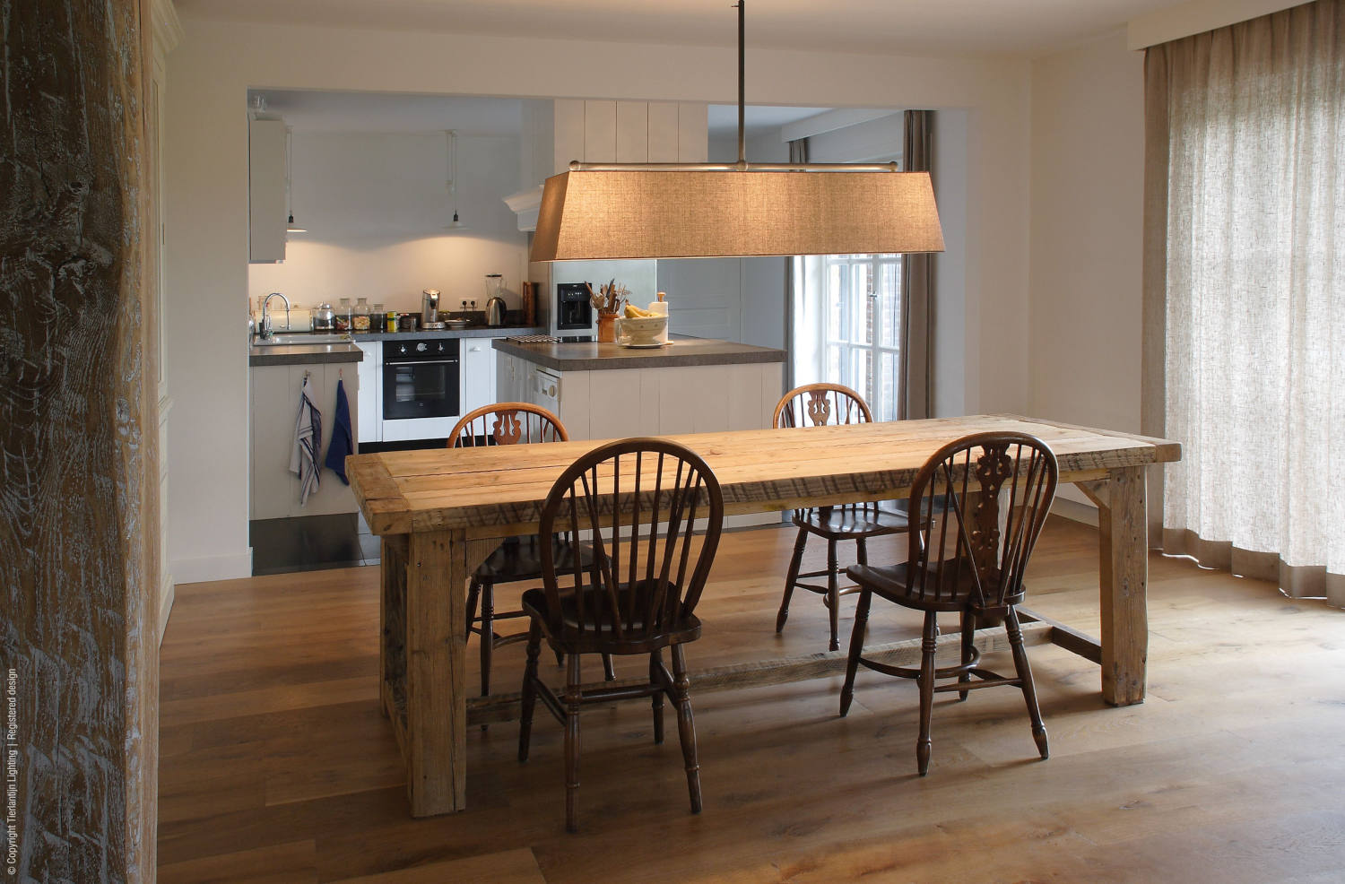 Bild 5: Modell 2 mit Schirm in Leinen natur Dreiflammige Esstisch-Hängeleuchte mit Leinen-Stoffschirm im Cottage-Stil: Modell 2 mit Schirm in Leinen natur