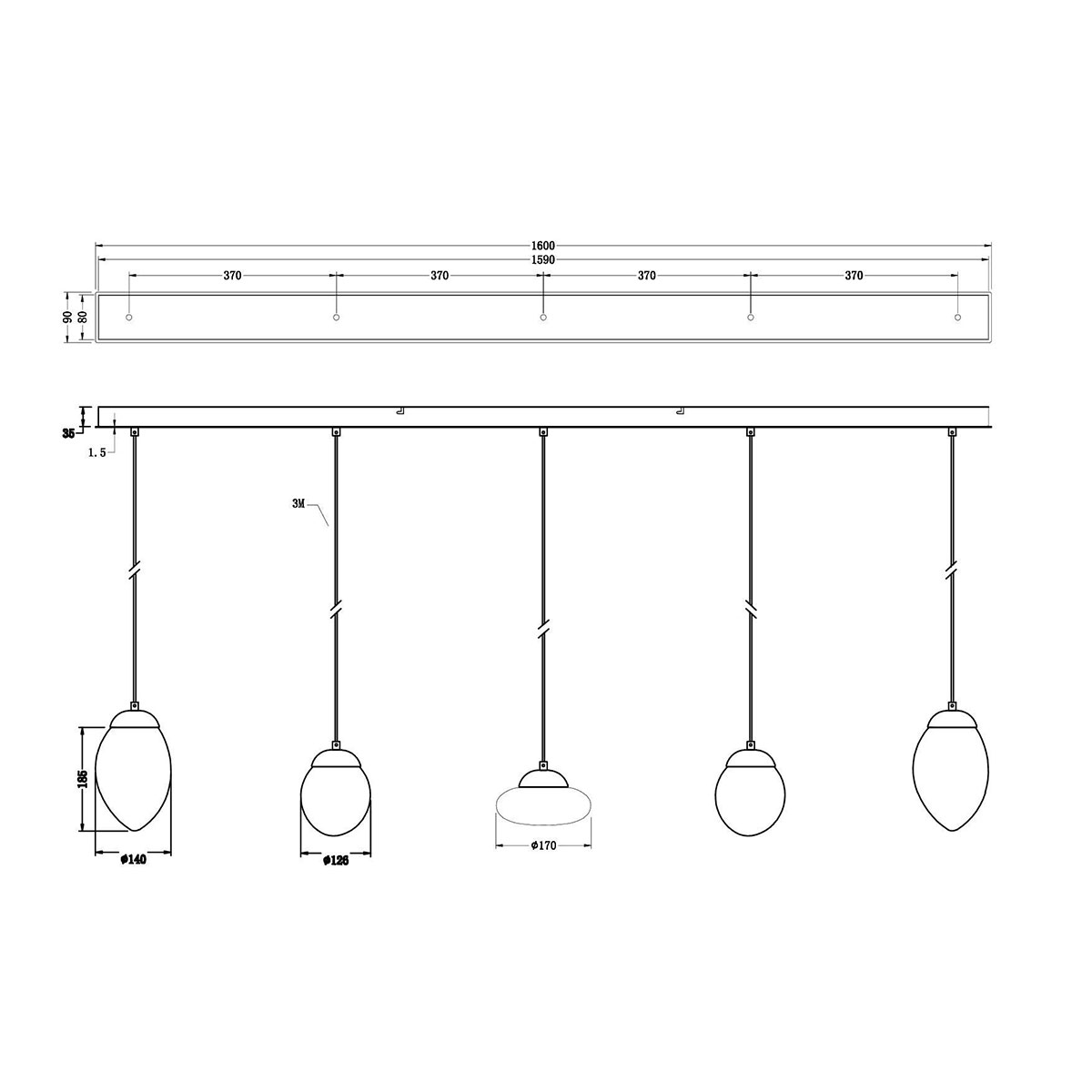Reihe aus fünf Glasschirm-Hängeleuchten VITROLO (LED) auf Leiste, Bild 19
