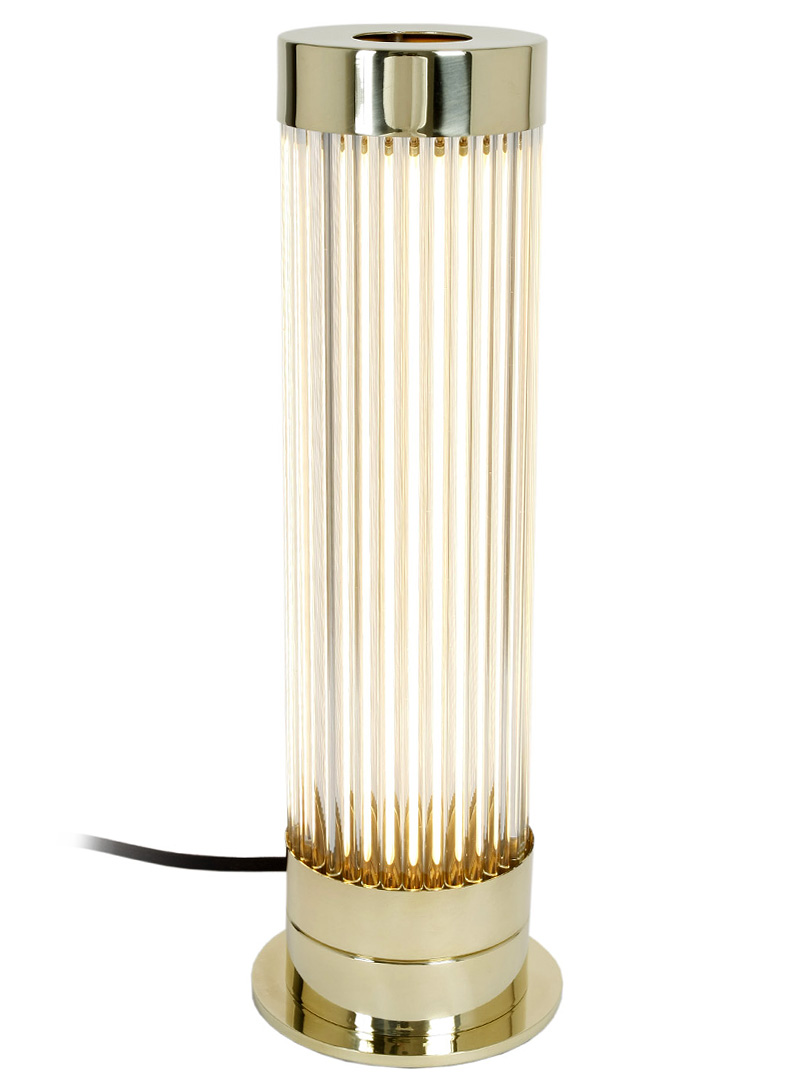 Exklusive Art Déco-Tischleuchte mit Kristallglas-Stäben und LED: Die Art Déco-Tischleuchte mit Glasstäben und LED-Technik, hier in Messing poliert