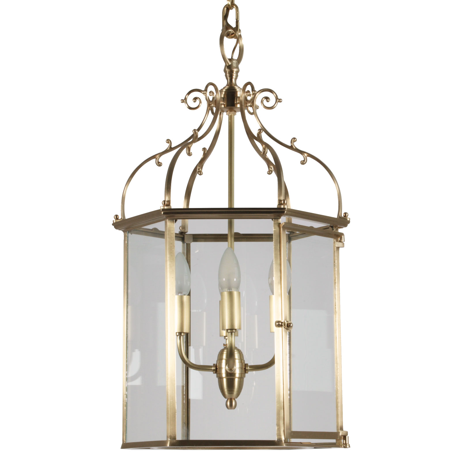 Bild 7: Ausführung matt satiniert Große, 6-seitig verglaste Hänge-Laterne aus Messing: Ausführung matt satiniert