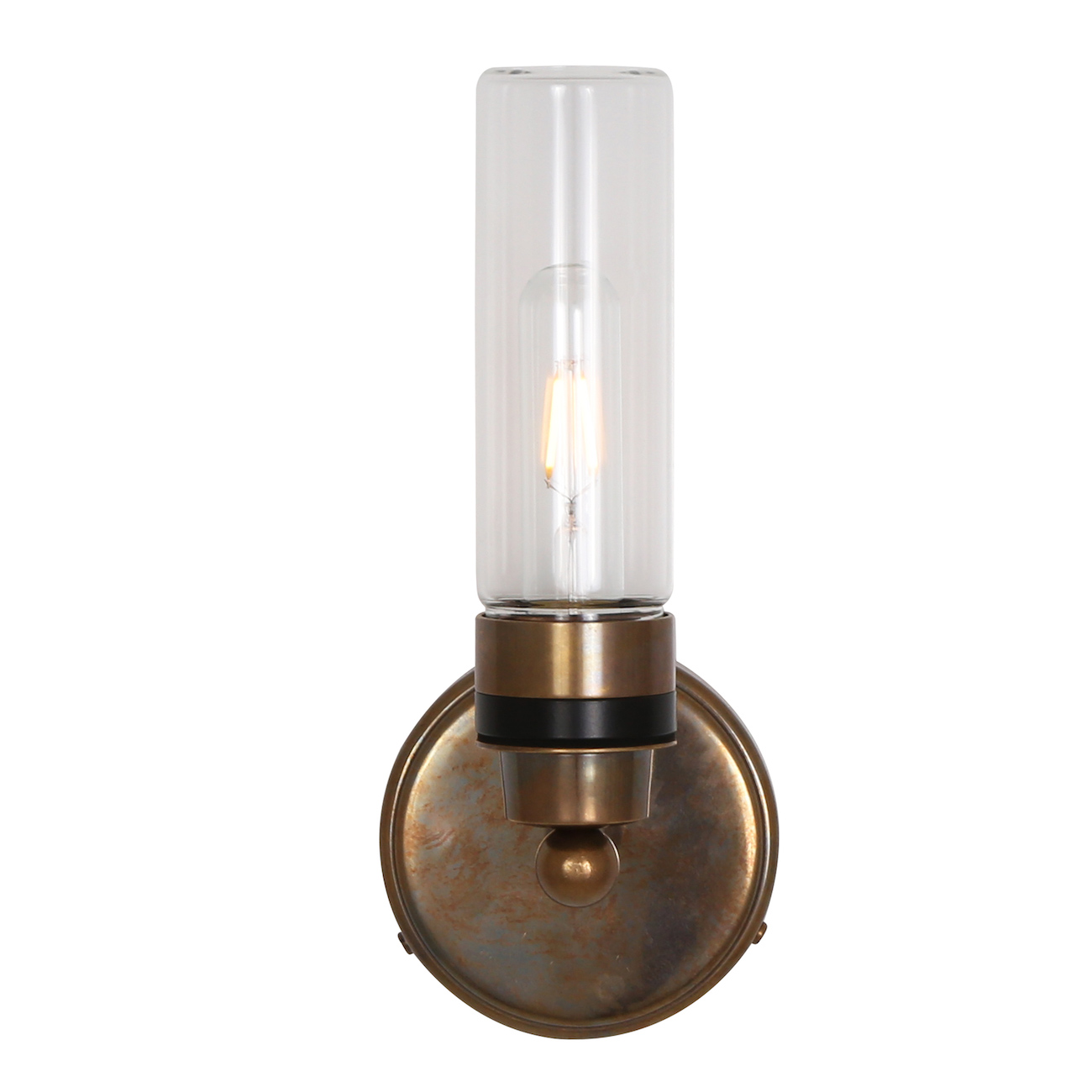 Badezimmer-Wandlampe mit klarem oder prismatischem Glaszylinder, IP65: Alt-Messing patiniert, klares Glas