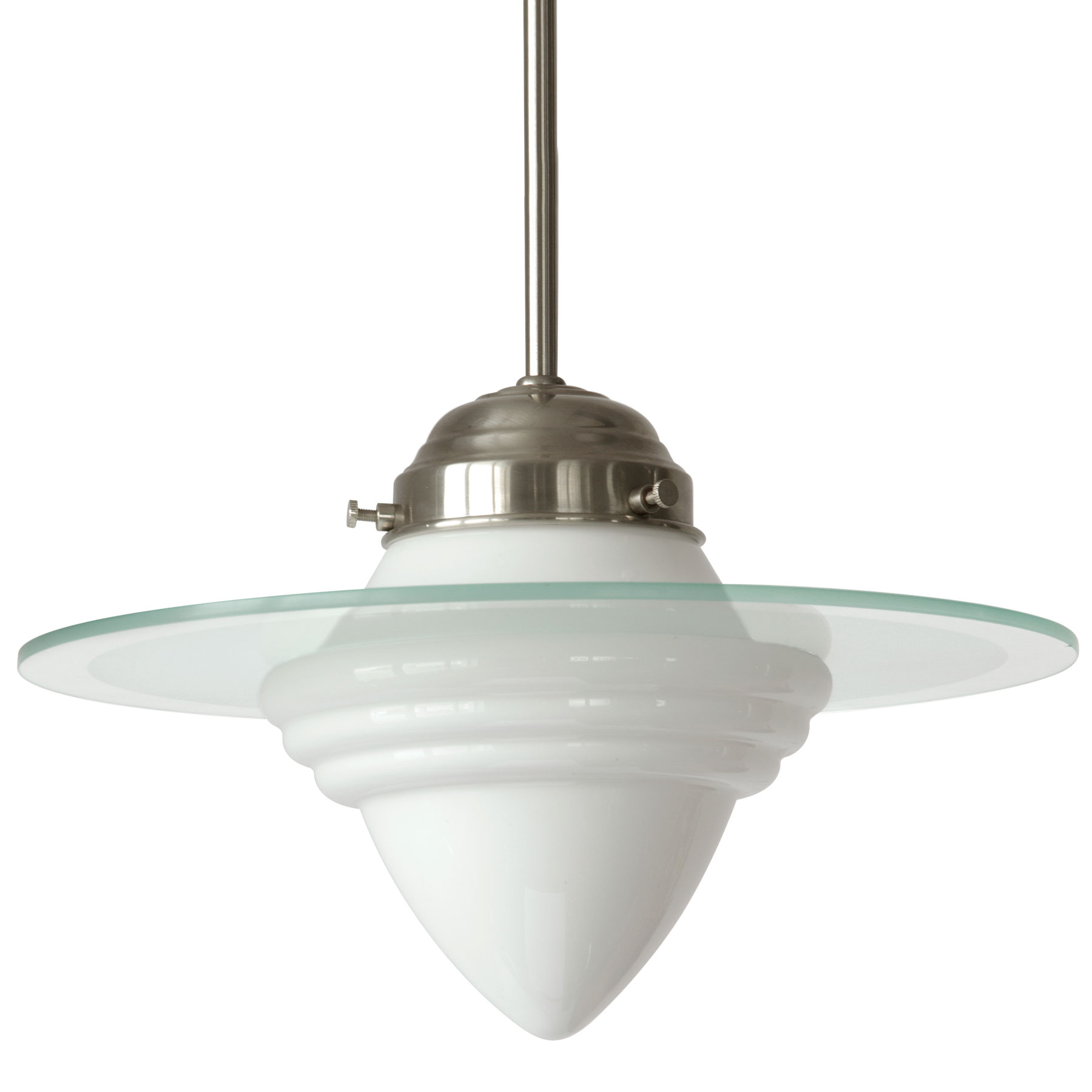 Pendelleuchte mit geätzter „Saturn“-Glasscheibe (30/50 cm) auf Opalglas-Schirm Pendelleuchte mit geätzter „Saturn“-Glasscheibe (30/50 cm) auf Opalglas-Schirm